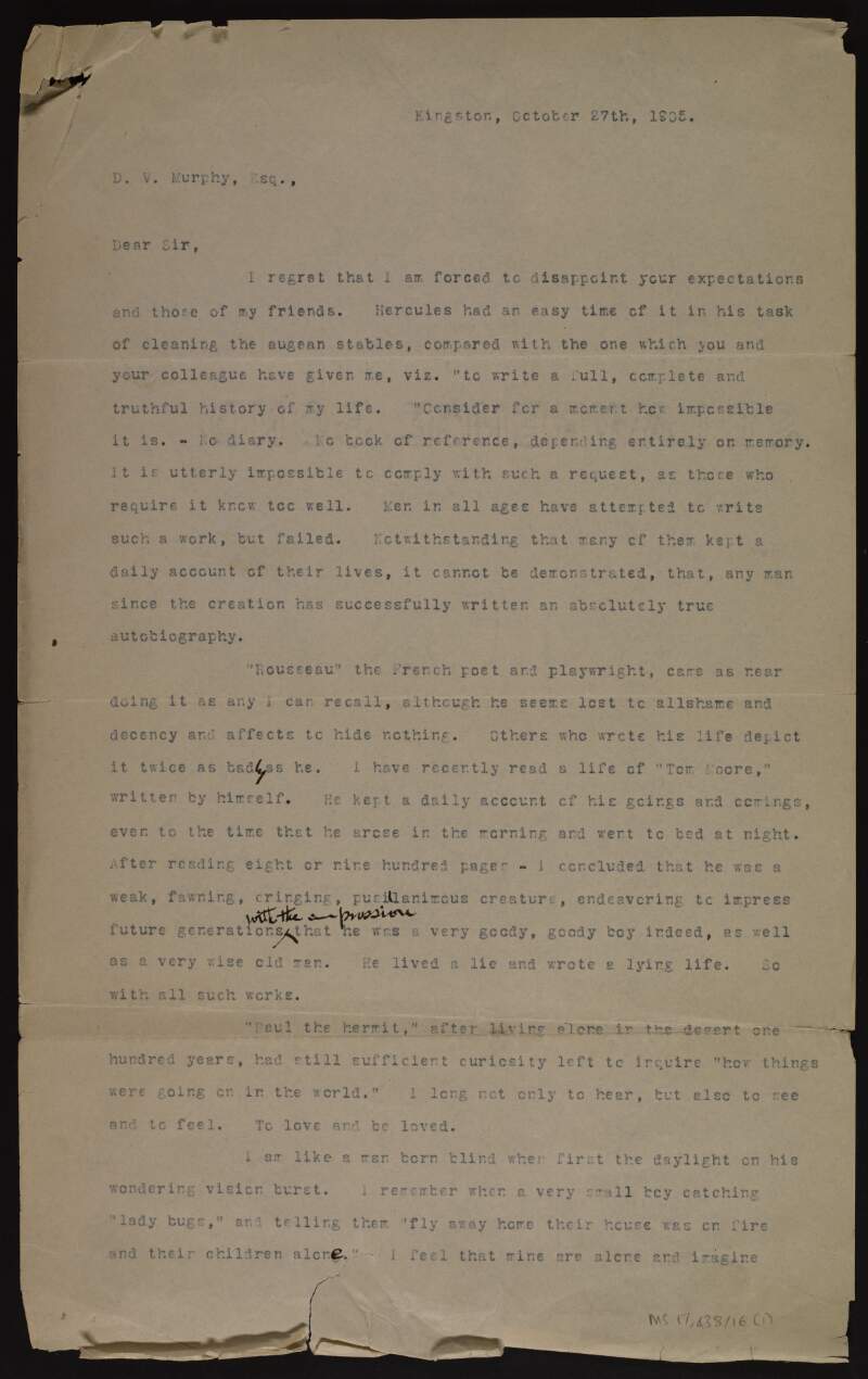 Typescript copy letter from unidentified author [Luke Dillon] to Daniel V. Murphy discussing the difficulty of writing his autobiography,