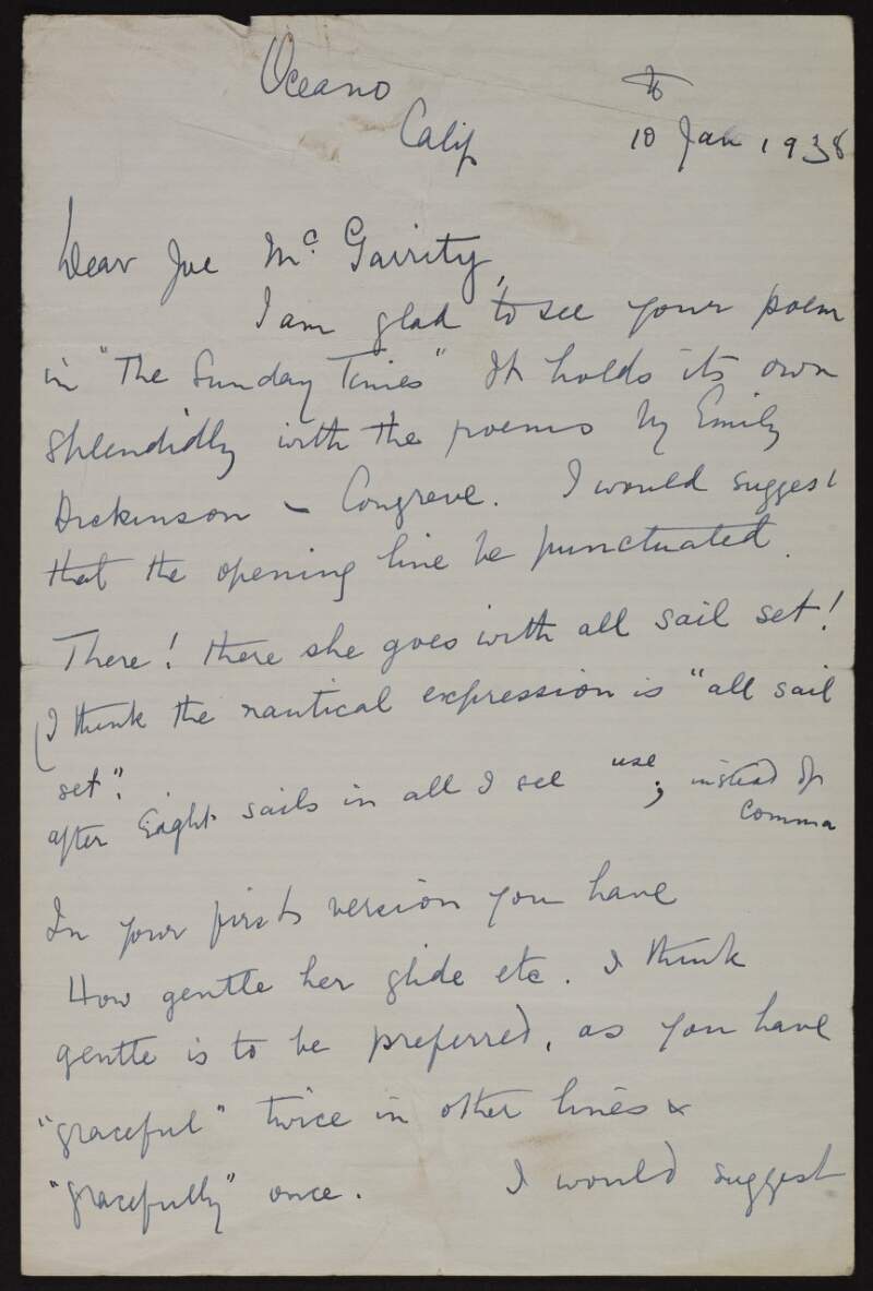 Letter from Ella Young to Joseph McGarrity discussing McGarrity's poetry,