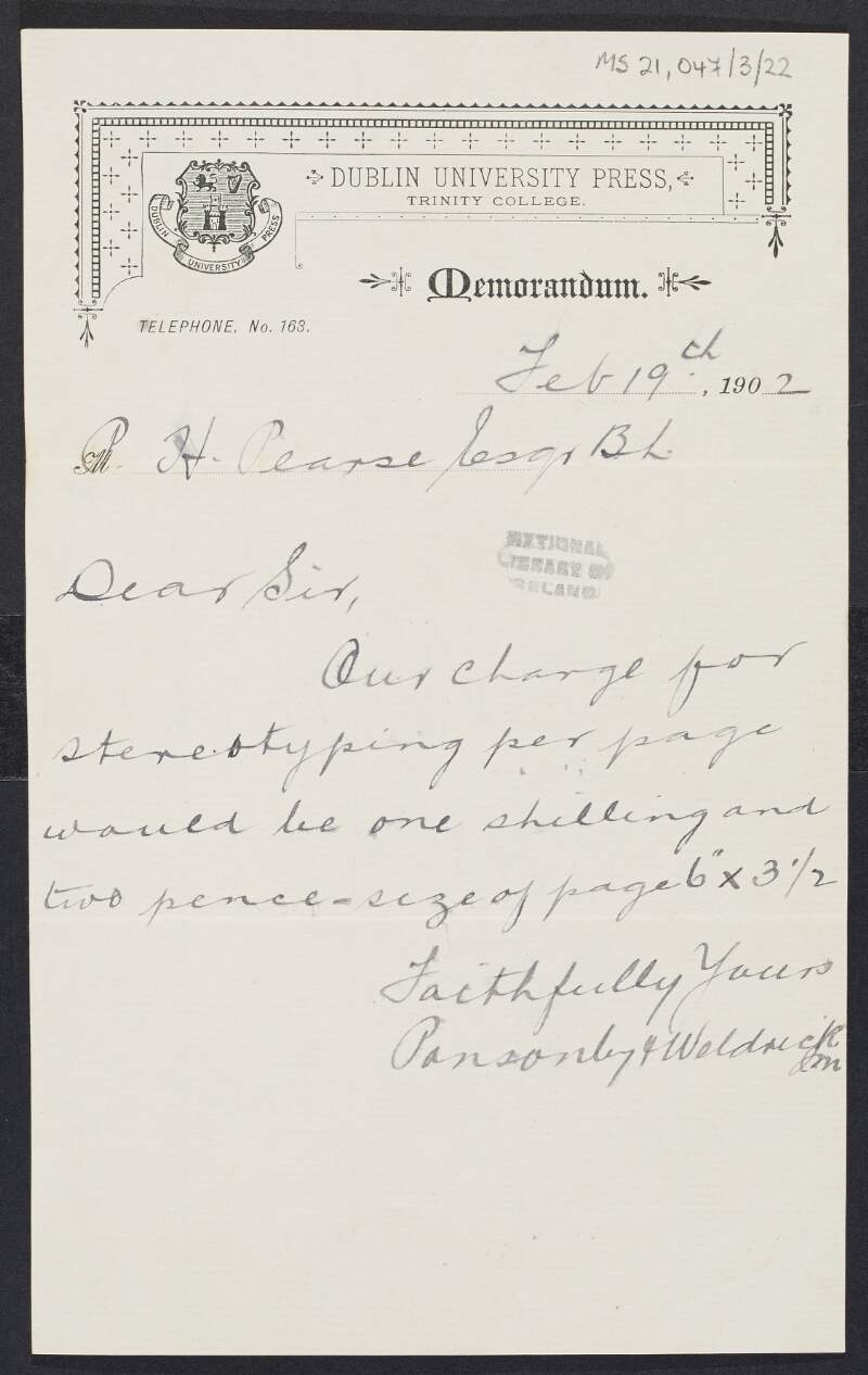 Memorandum from Ponsonby and Weldrick to P H Pearse with an estimate for stereotyping,