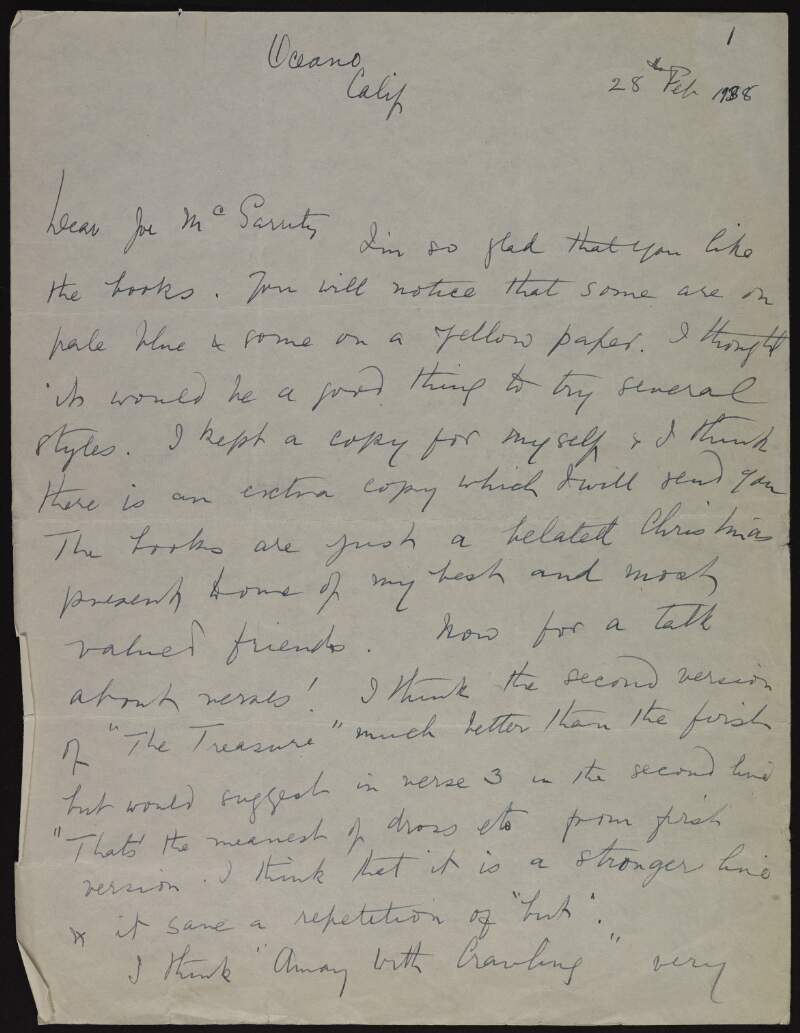 Letter from Ella Young to Joseph McGarrity discussing their poetry,