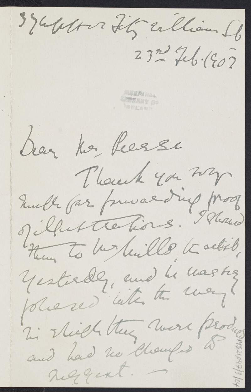 Letter from Mary E. L. Butler to Padraic Pearse regarding illustrations for her booklet 'Blatha Bealtaine' published by Connradh na Gaedhilge,