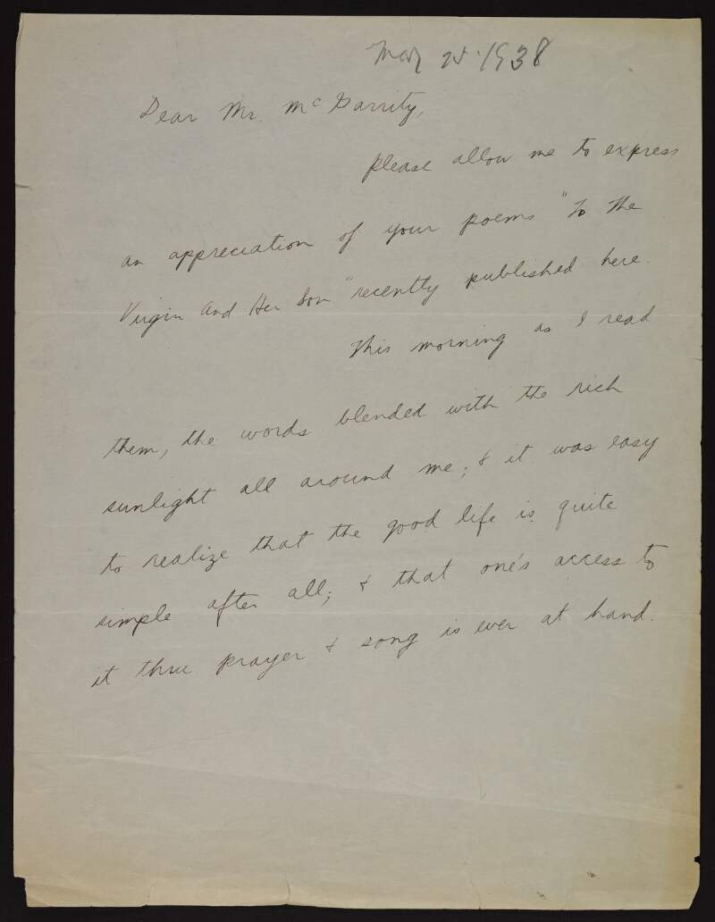 Letter from Ella Young to Joseph McGarrity congratulating him on the publication of his poem "To the Virgin and her son",