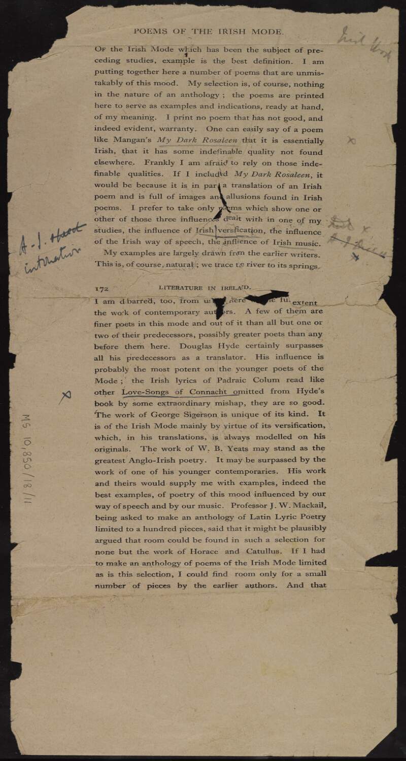 Fragment of galley proof for 'Poems of the Irish mode' section for the book 'Literature in Ireland' with manuscript corrections by Thomas MacDonagh,