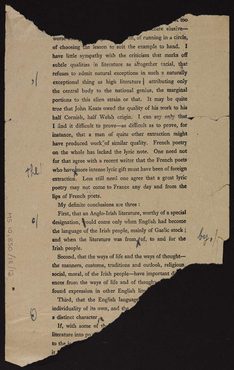 Fragment of galley proof for 'Literature in Ireland' with manuscript corrections by Thomas MacDonagh,