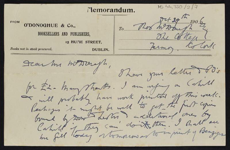 Letter from O'Donoghue & Co. to Thomas MacDonagh thanking him for the £2 they received in the post and also advising on getting the first copies bound,