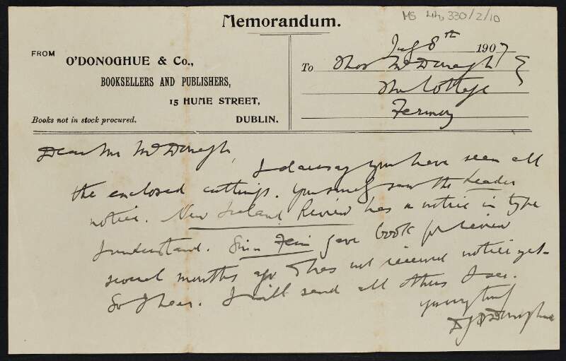 Letter from O'Donoghue & Co. to Thomas MacDonagh regarding reviews and notices from newspapers including the 'Leader' and 'New Ireland Review',