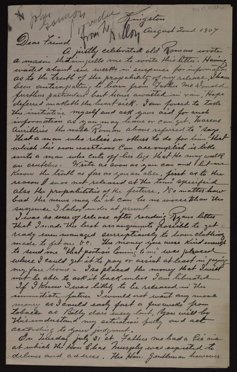 Letter from "Laurence Brennan" [Luke Dillon] to a "Dear Friend" [John L. Gannon] asking for information about his potential release from prison,