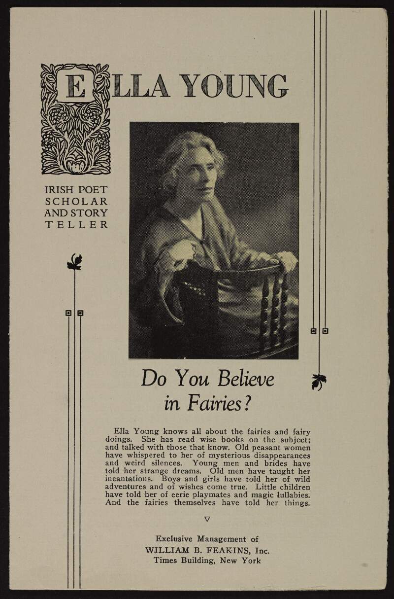 Promotional booklet for Ella Young titled "Ella Young: Irish poet, scholar and story teller: do you believe in fairies?",