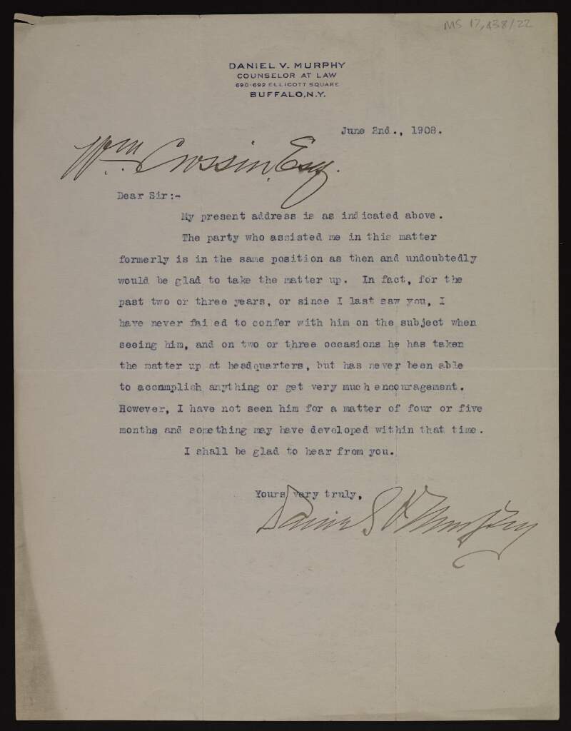 Typescript letter from Daniel V. Murphy to William Crossin concerning an unidentified man,