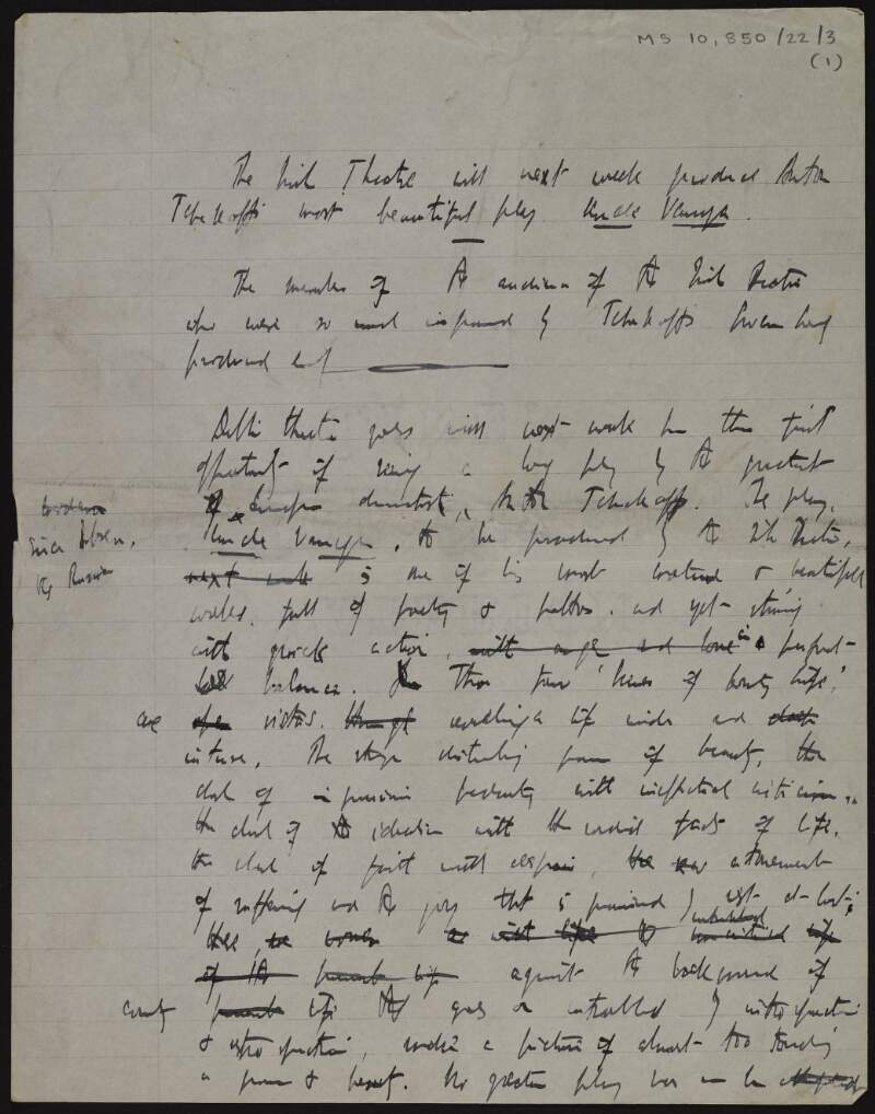 Incomplete manuscript draft of the article 'Uncle Vanya at the Irish Theatre',