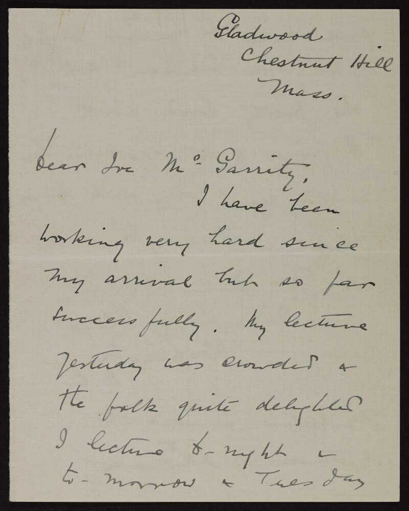 Letter from Ella Young to Joseph McGarrity regarding her lecture tour,