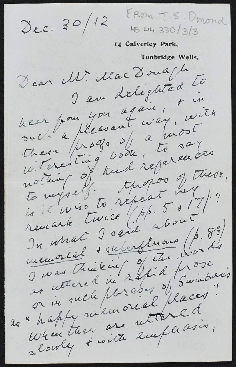 Letter from Thomas Stewart Omond to Thomas MacDonagh reviewing and offering opinions and praise of 'Thomas Campion',