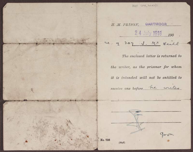 Letter from Major E. R. Reade, Governor of Dartmoor Prison, concerning the return of a letter for prisoner J. McNeill,