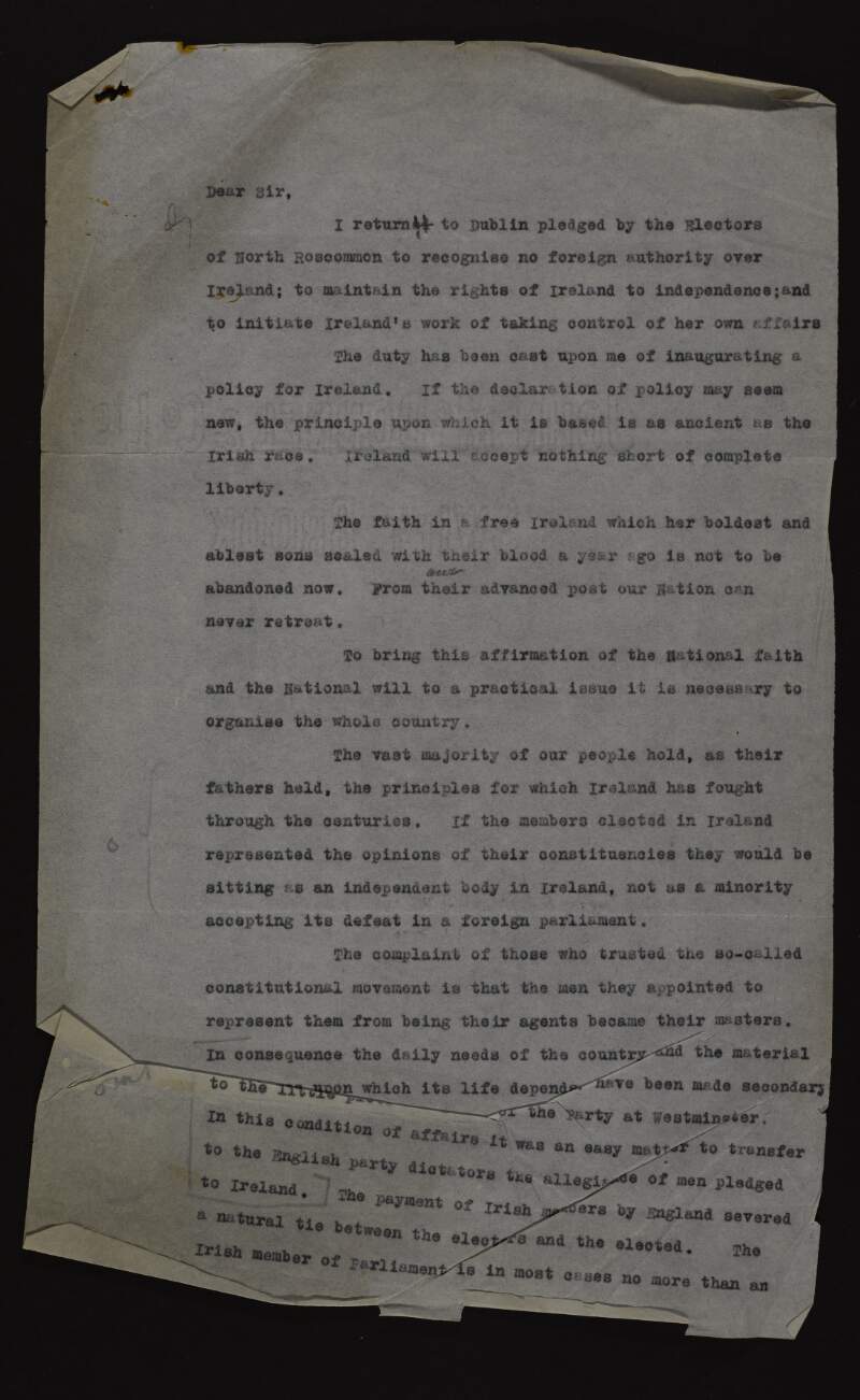 Letter from George Noble Plunkett, Count Plunkett, to unidentified recipient, expressing his unwillingness to recognise a foreign authority over Ireland, his desire to see a free Ireland, and a request for two members of the council to take part as delegates in an Irish Assembly to represent Ireland at the Paris Peace Conference,