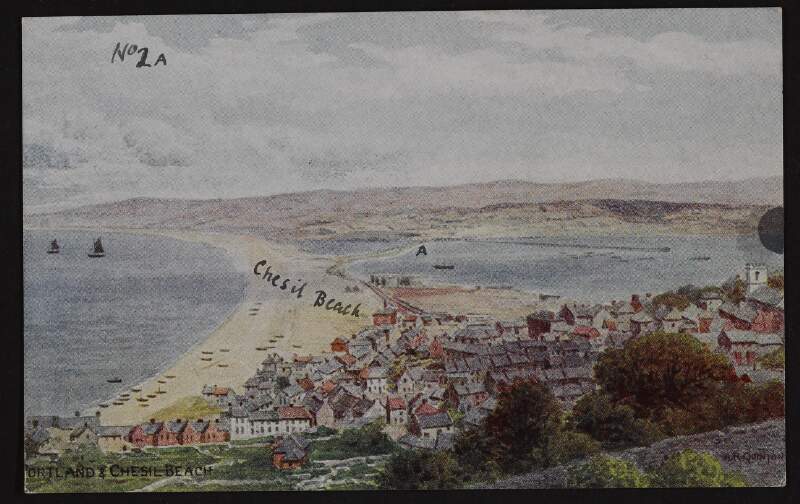 Picture postcard of Chesil Beach and village, Isle of Portland,