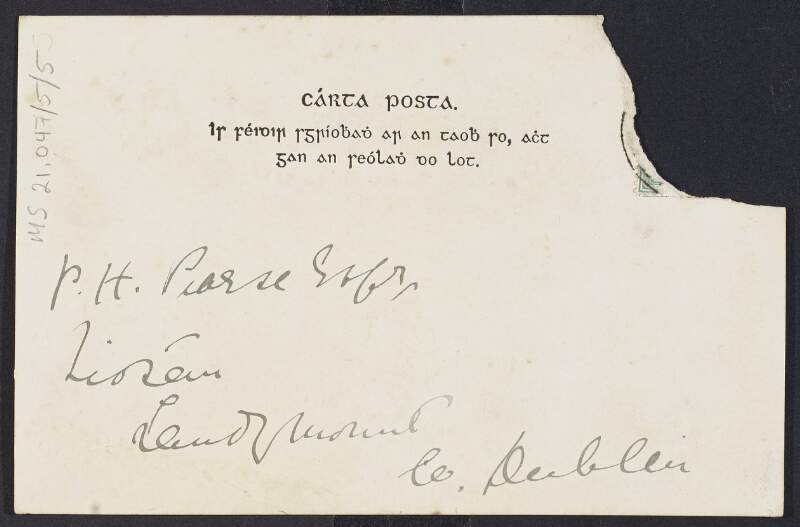 Printed postcard from Máire De Buitléir to Padraic Pearse querying the release date of 'Blatha Bealtaine',