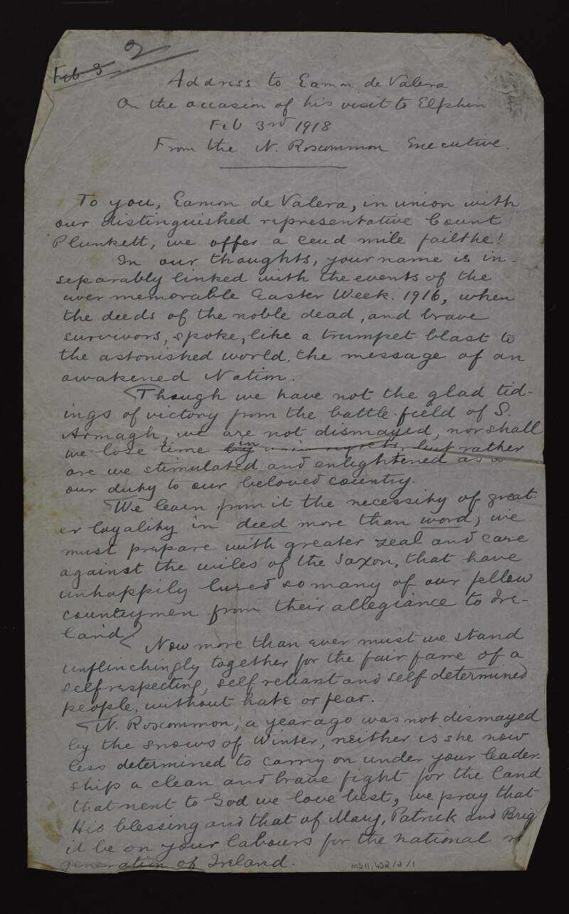 Address to Éamon De Valera and George Noble Plunkett, Count Plunkett, from the North Roscommon executive, on the occassion of their visit to Elphin,