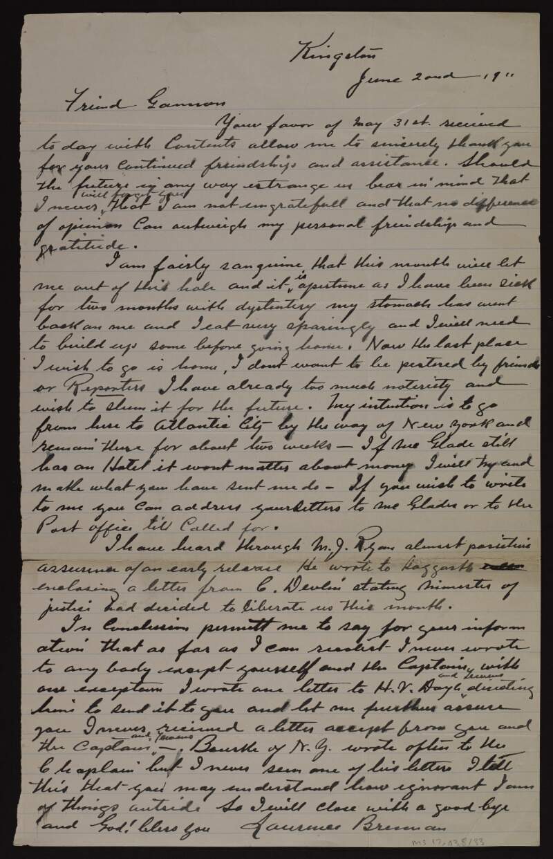 Letter from "Laurence Brennan" [Luke Dillon] to John L. Gannon discussing where he will go once released and stating how ignorant he is of what is happening outside,