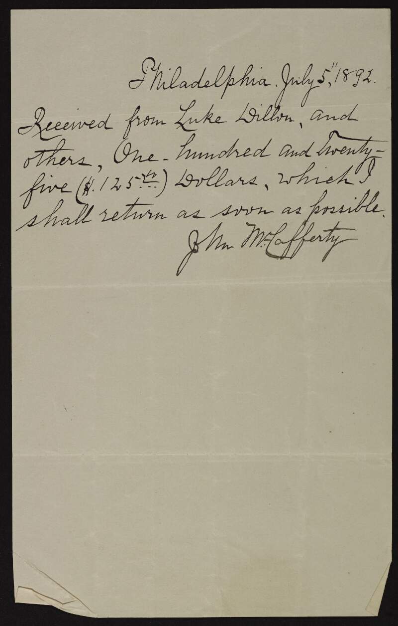 Acknowledgement by John McCafferty of a loan of $125 from Luke Dillon "and others",