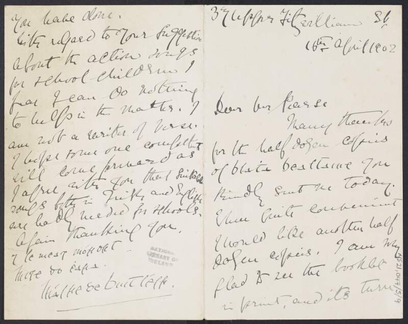 Letter from Máire de Buitléir to Padraic Pearse discussing 'Blatha Bealtaine',