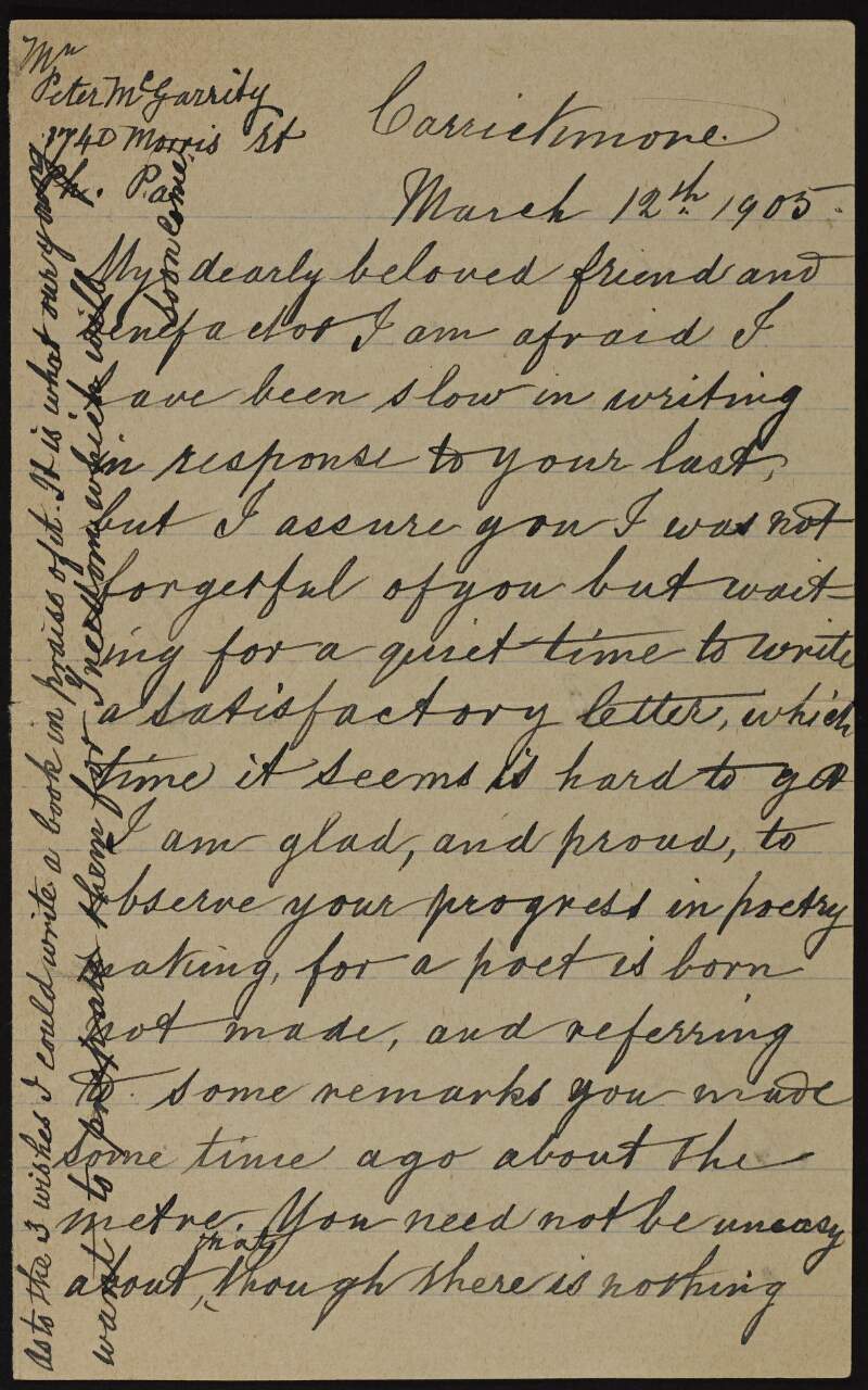 Letter from D. Marshall to Joseph McGarrity regarding McGarrity's poetry,
