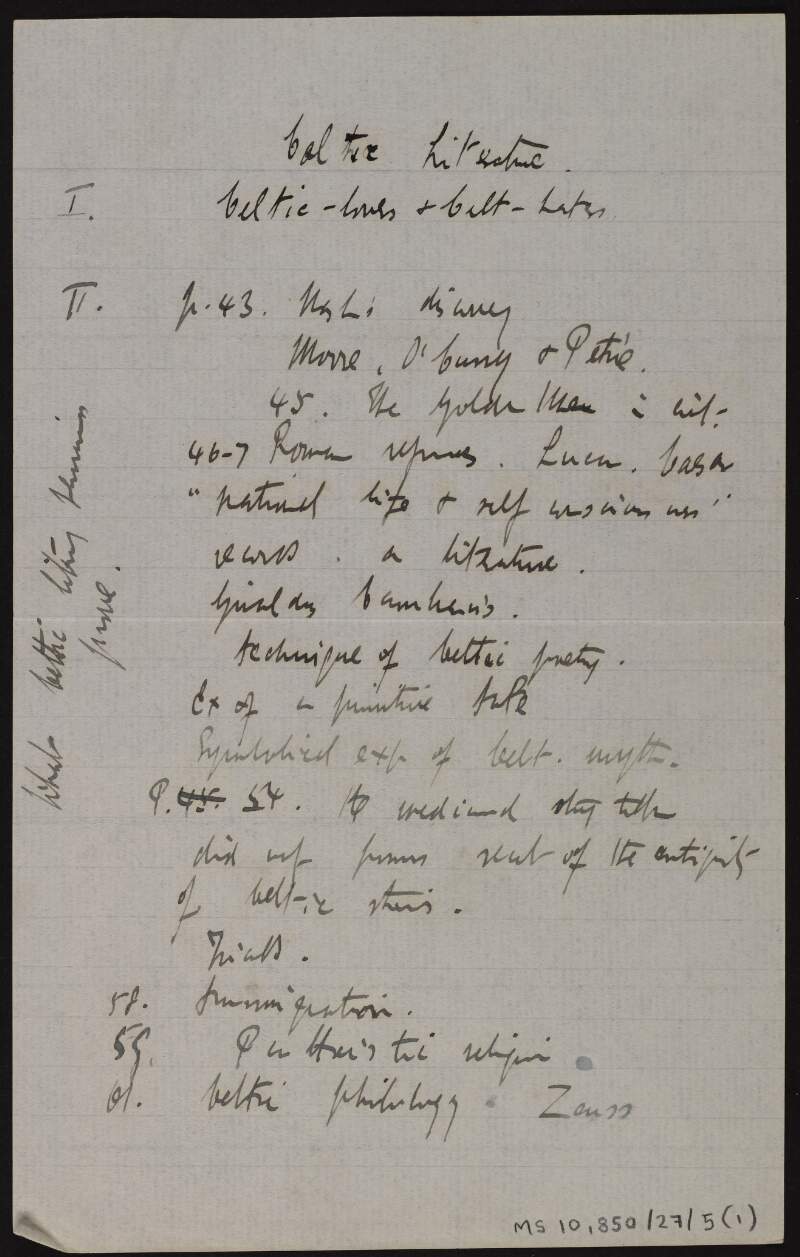 Manuscript notes on 'Celtic literature',