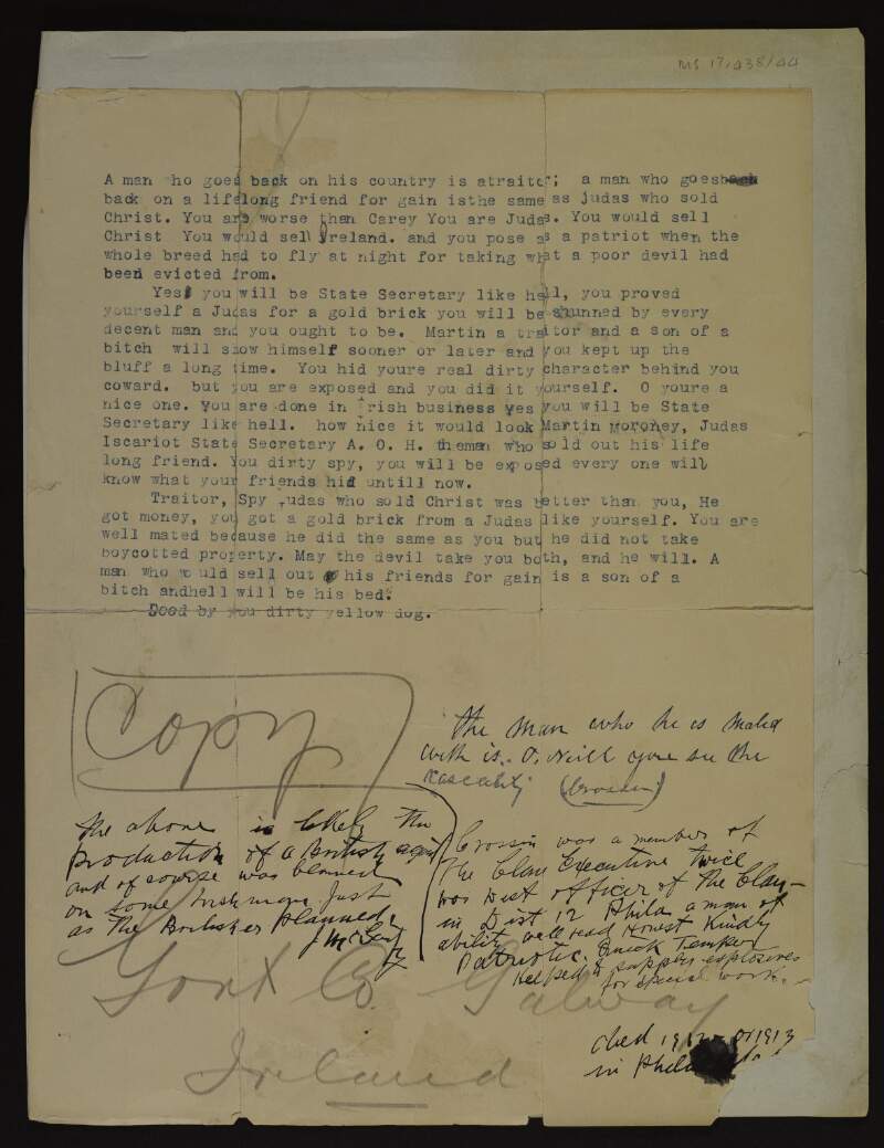 Copy of unsigned typescript letter of abuse [to William Crossin] with added comments by Joseph McGarrity,