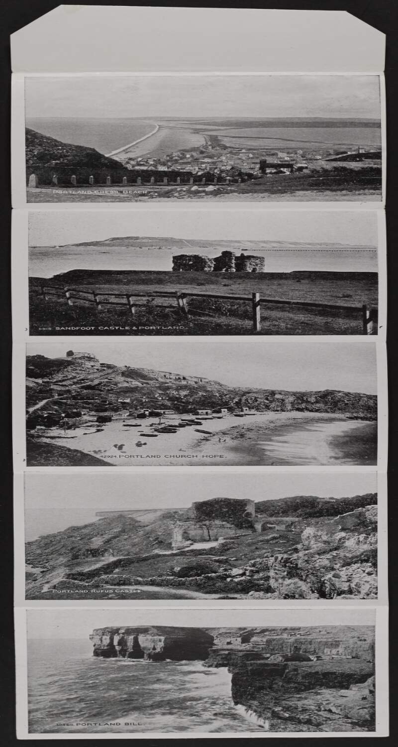 Lettercard showing five different photographs of places on the Isle of Portland,