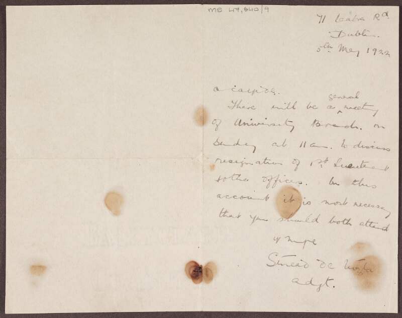 Letter to Annie O'Farrelly from Sínead de Lúgla summoning her to attend a University Branch General Meeting to discuss the resignation of some officers,