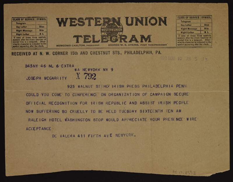 Telegram from Éamon De Valera to Joseph McGarrity asking him to attend a conference on the organisation of a campaign to secure official recognition for the Irish Republic on 16 November in Washington,