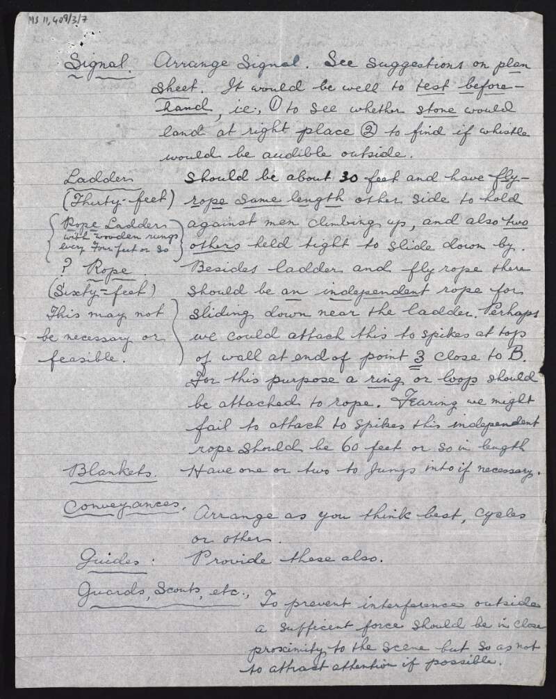 Notes discussing the escape plan by the Sinn Féin prisoners from Strangeway Gaol such as the necessary equipment and layout of the prison gate,