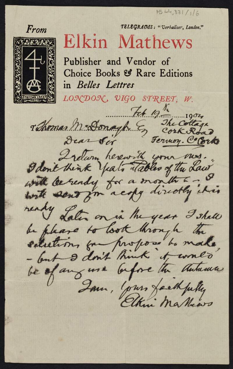 Letter from Elkin Mathews, publisher, to Thomas MacDonagh informing him of the release of W.B. Yeats' book 'Tables of the Law',