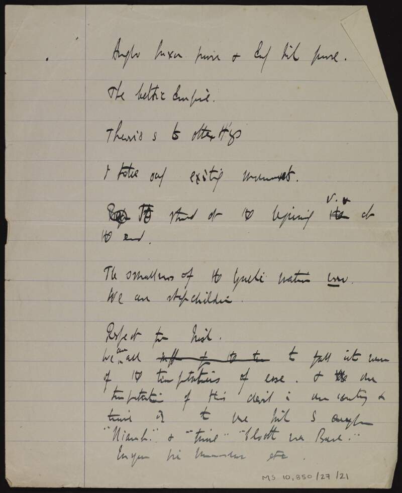 Incomplete manuscript notes on 'Anglo Saxan prose & Eng[lish] Irish prose',