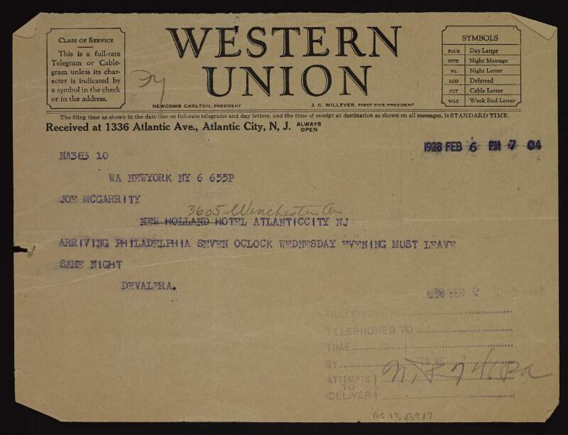 Telegram from Éamon De Valera to Joseph McGarrity informing him that he will arrive in Philadelphia on Wednesday,
