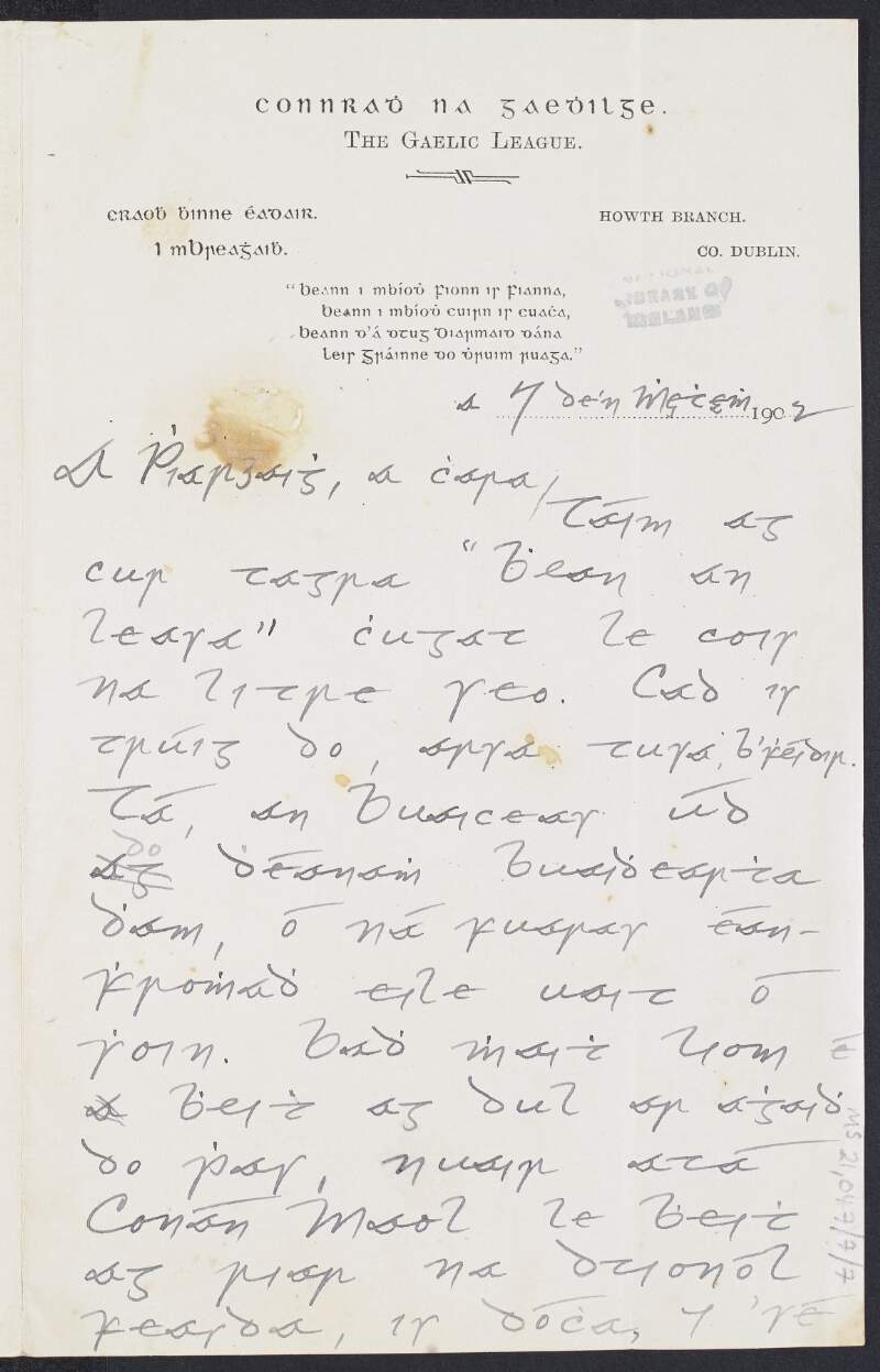 Letter from Seosamh Laoide to Padraig Mac Piarais enclosing a copy of 'Bhean an Leasa' and discussing successful literature and the author Pádraig Uí [Ó] Sheaghdha,