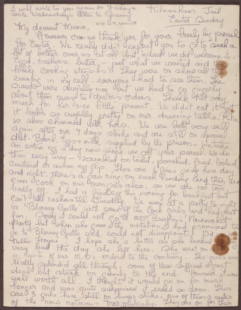 Letter from Annie O'Farrelly to her mother from Kilmainham Jail thanking her for a parcel and for visiting the prison,