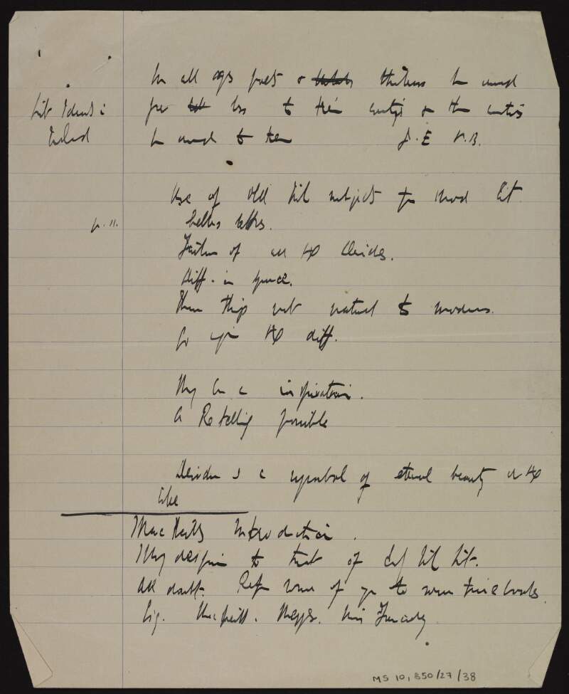 Manuscript notes on Irish literary ideas,