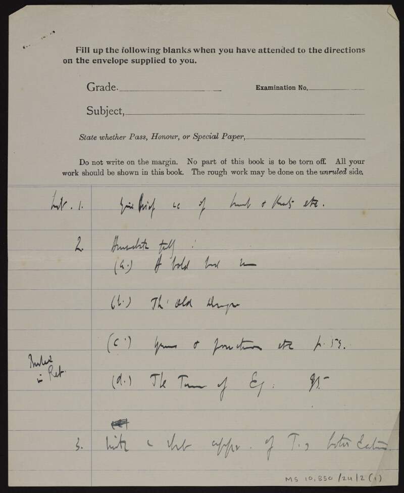 Manuscript draft of examination in English at University College Dublin,