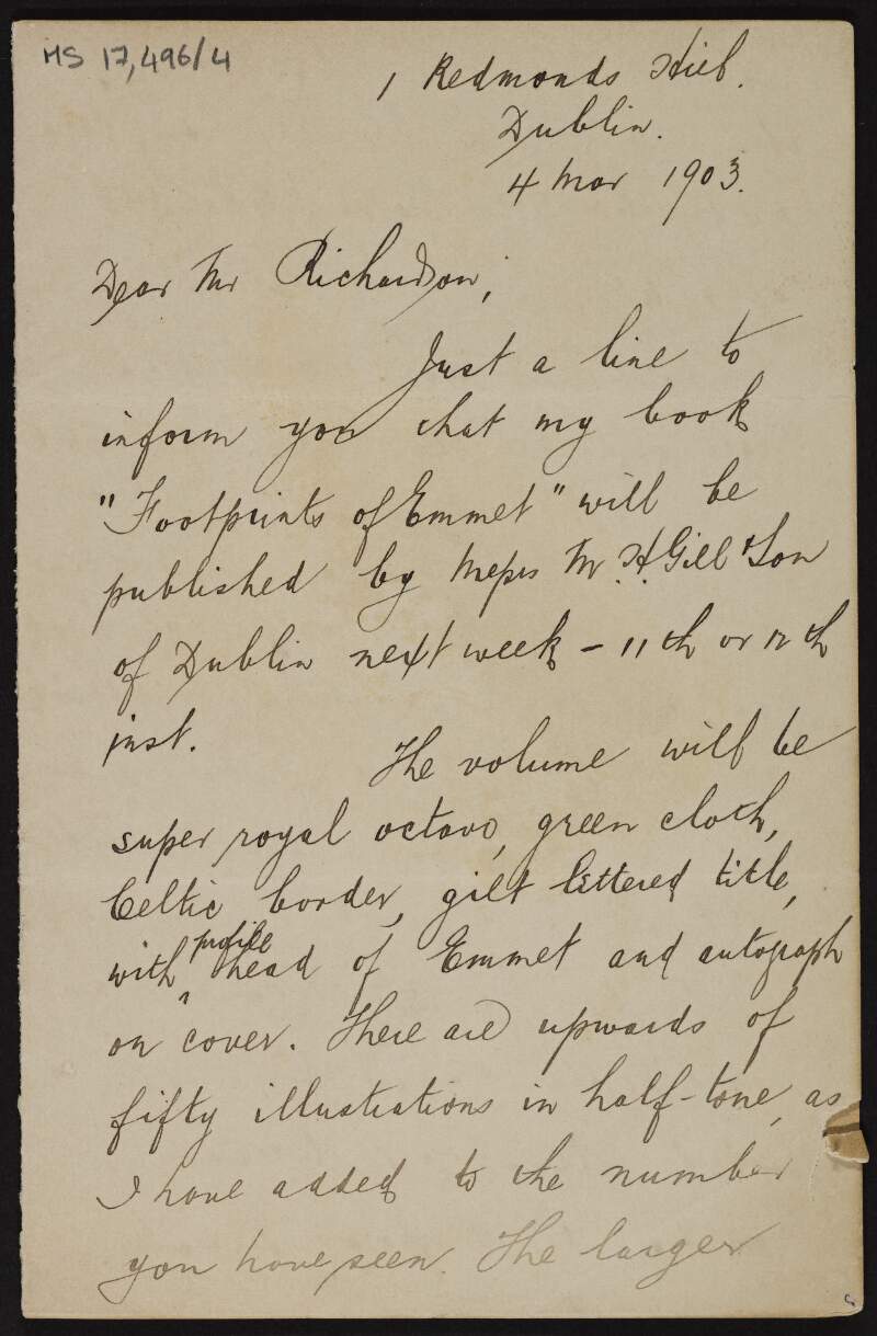 Letter from John J. Reynolds to Stephen J. Richardson (New York editor of 'The Gael') regarding the publication of Reynolds book 'Footprints of Emmet',