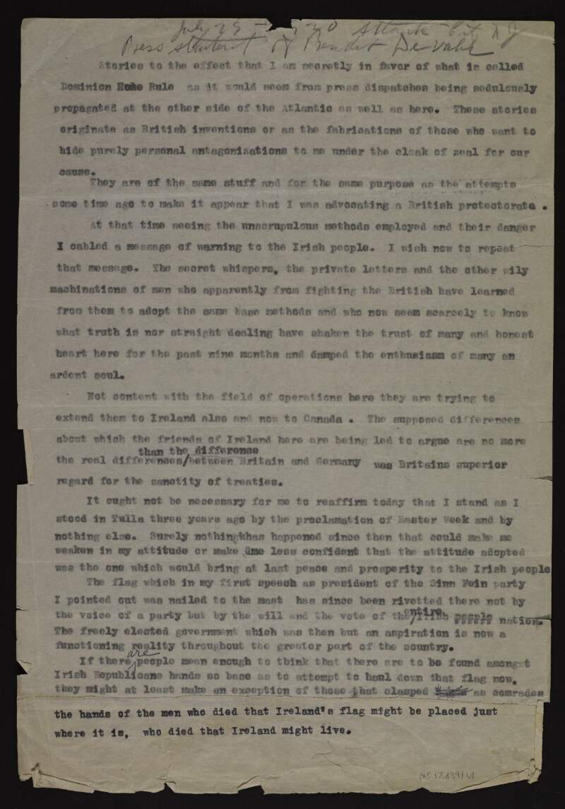 Typescript press statement of Éamon De Valera in Atlantic City regarding his opposition to Dominion Home Rule,