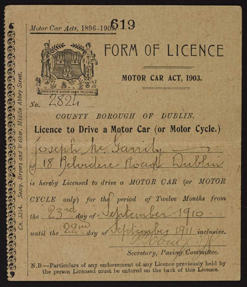 Driving licence issued to Joseph McGarrity by the Paving Commitee of the County Borough of Dublin,