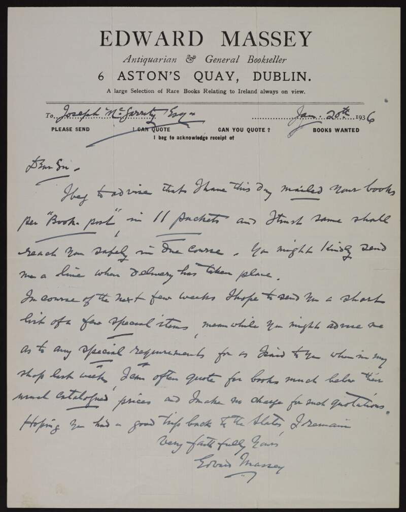 Letter from Edward Massey to Joseph McGarrity informing him that he has posted packages of books and that he can provide quotes at a reasonable price for other books,