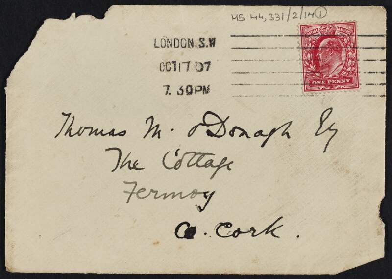 Letter from Elizabeth Sharp to Thomas MacDonagh regarding his use of the title 'Through the Ivory Gate',