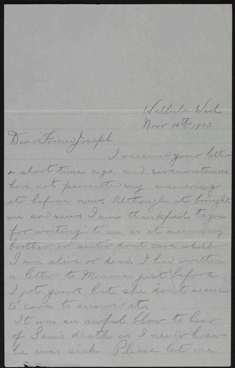 Letter from Dave J. Marshall to Joseph McGarrity discussing his farm and family,