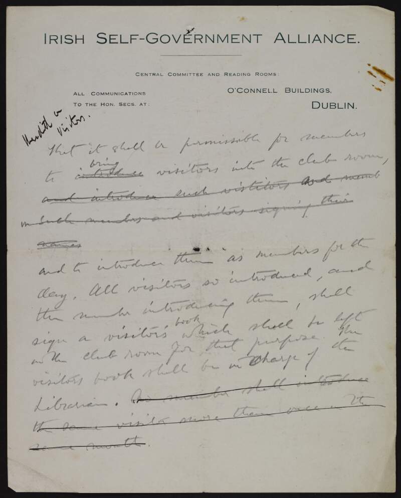 Manuscript draft of unpublished poem 'Journeys', with notes concerning proceedures for visitor admittance to the Irish Self-Government Alliance reading rooms,