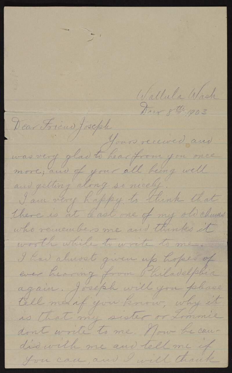 Letter from Dave J. Marshall to Joseph McGarrity describing his farming lifestyle in Washington and asking after the Marshall family in Philadelphia,