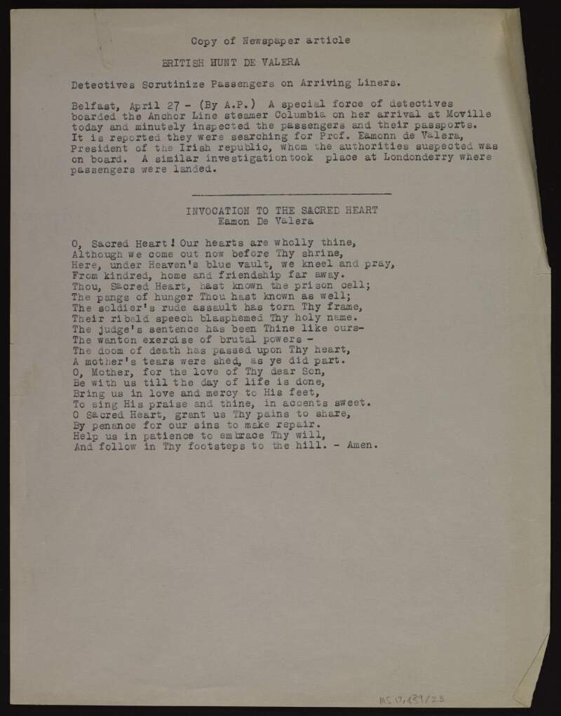 Typescript copy of a newspaper article entitled 'British Hunt De Valera' and of the poem entitled 'Invocation to the Sacred Heart' by Éamon De Valera,