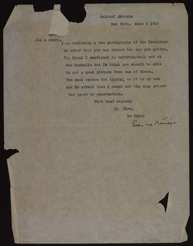 Typescript letter from Seán Nunan to Joseph McGarrity regarding photographs of "the President" [Éamon De Valera],