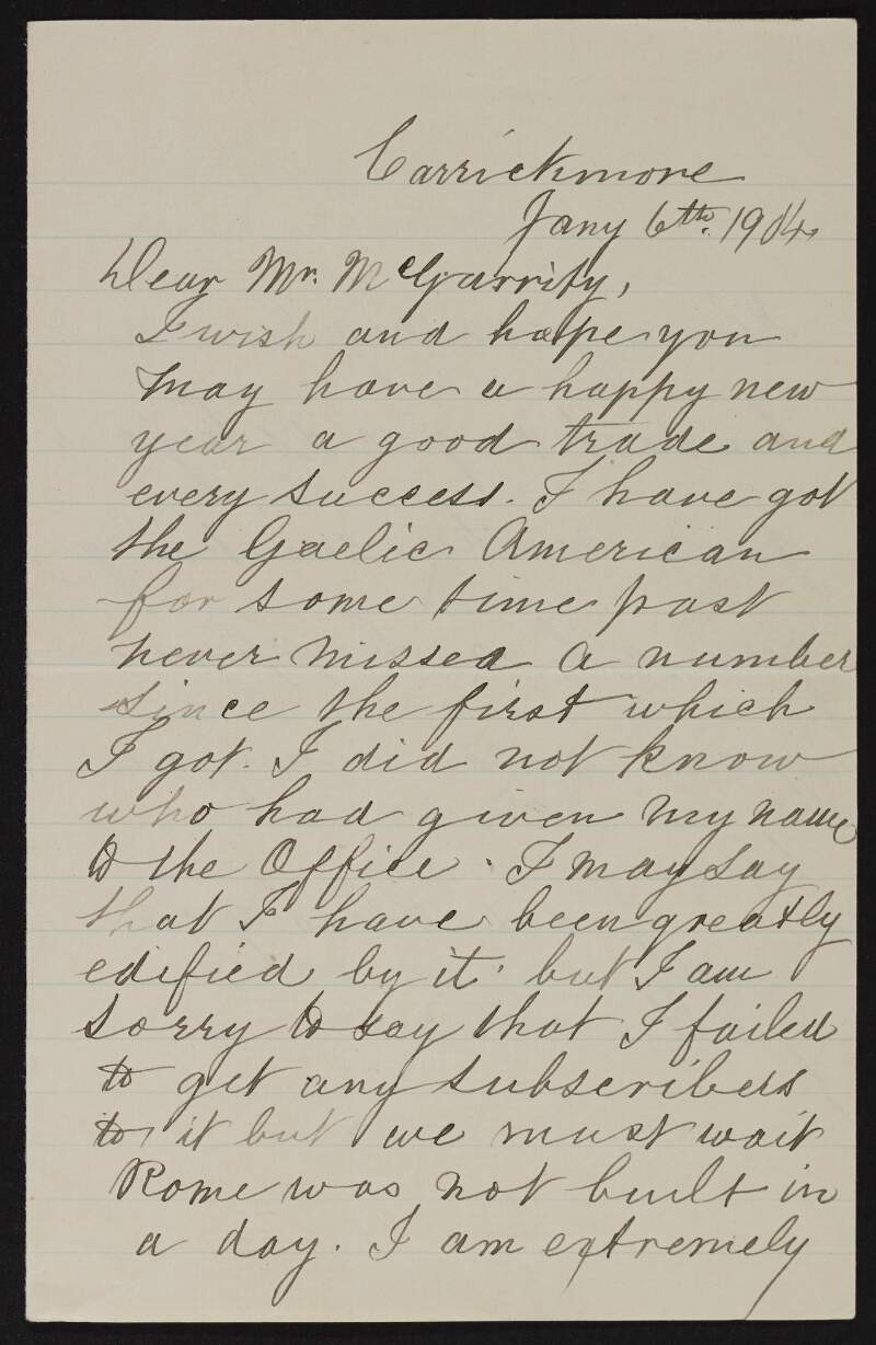 Letter from David Marshall to Joseph McGarrity regarding his subscription to the 'Gaelic American',