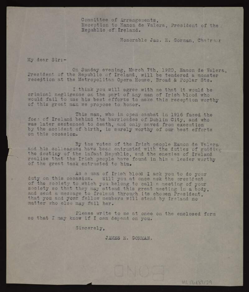 Typescript letter from James E. Gorman to [Joseph McGarrity] regarding a reception for Éamon De Valera scheduled for 7 March 1920 at the Metropolitan Opera House,